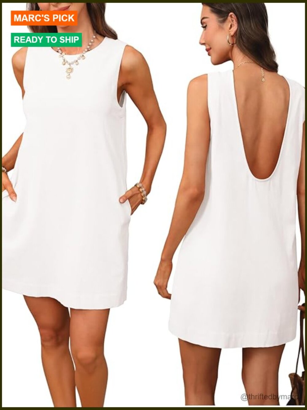 Linen Mini Backless A-Line Dress with Pockets for Summer Beach